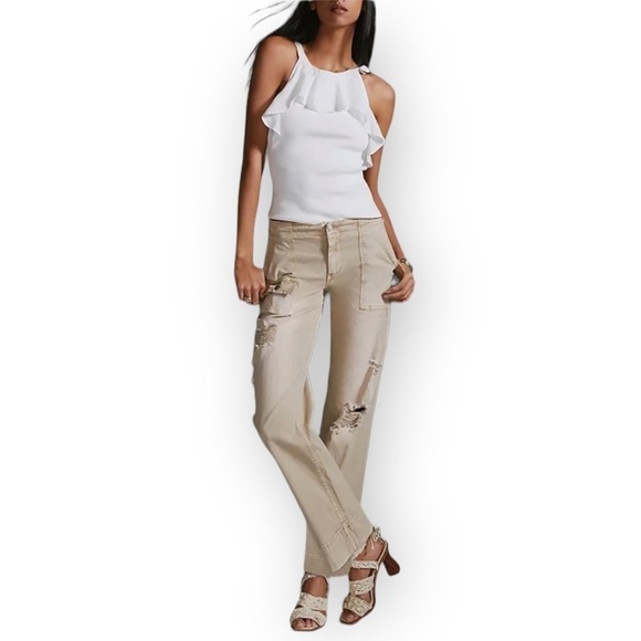 ANTHROPOLOGIE Pilcro Relaxed Low Rise Distressed Trousers Neautral Size 29 NEW - Picture 1 of 6